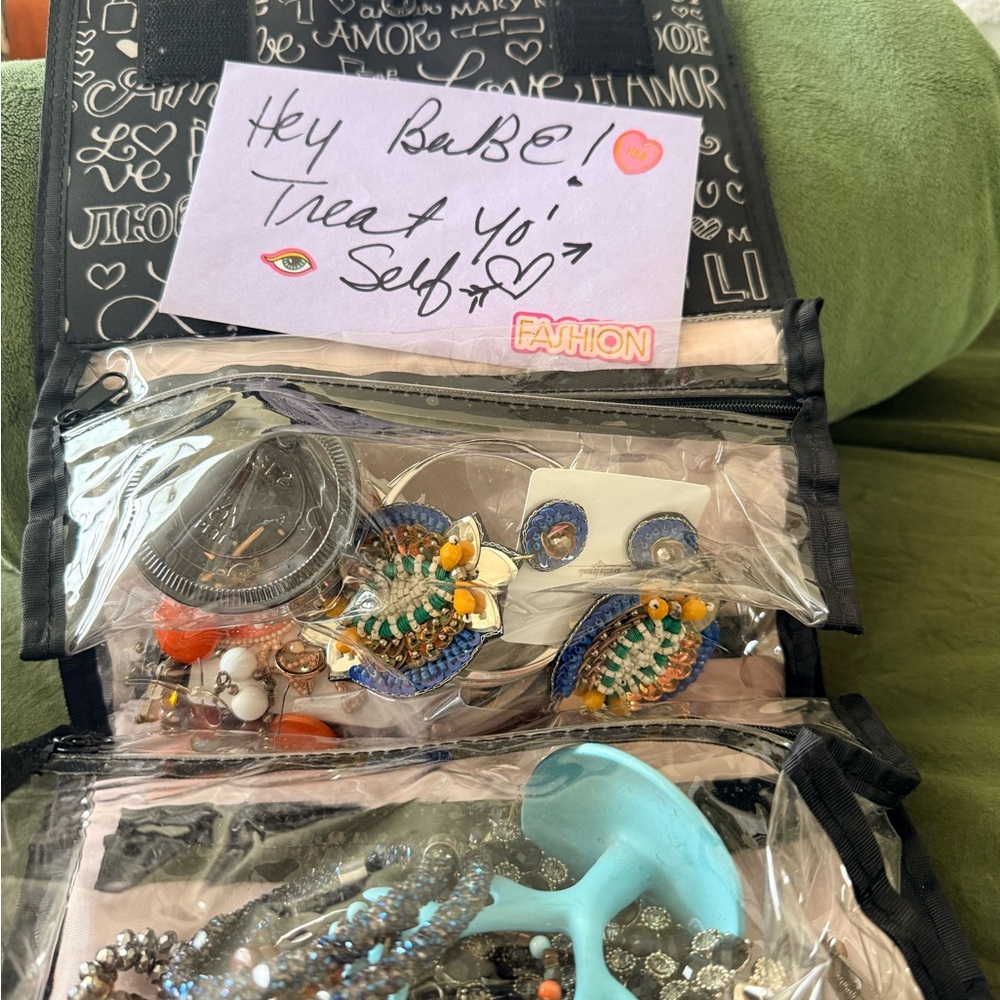 Clear Travel Jewelry Organizer with Assorted Beaded Earrings